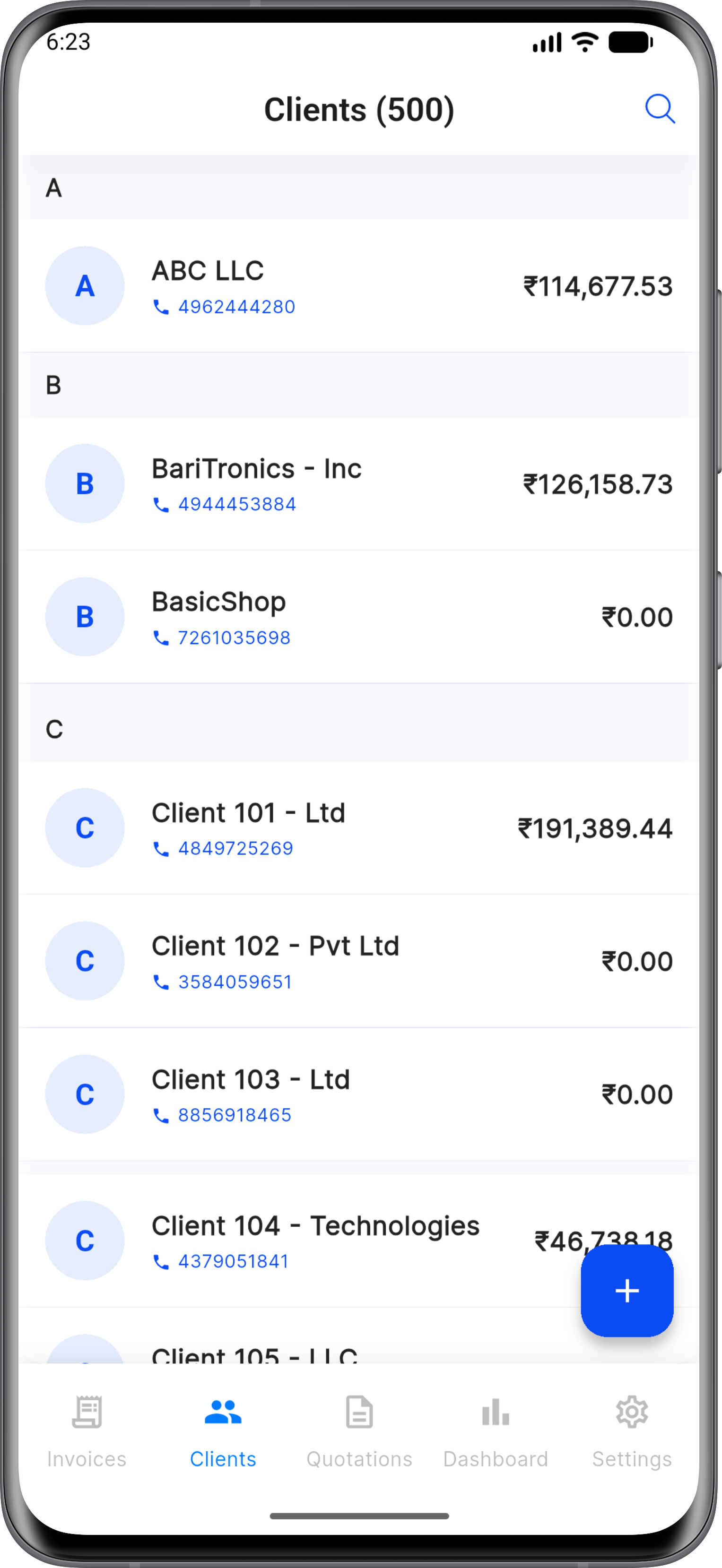 Screenshot of client management interface