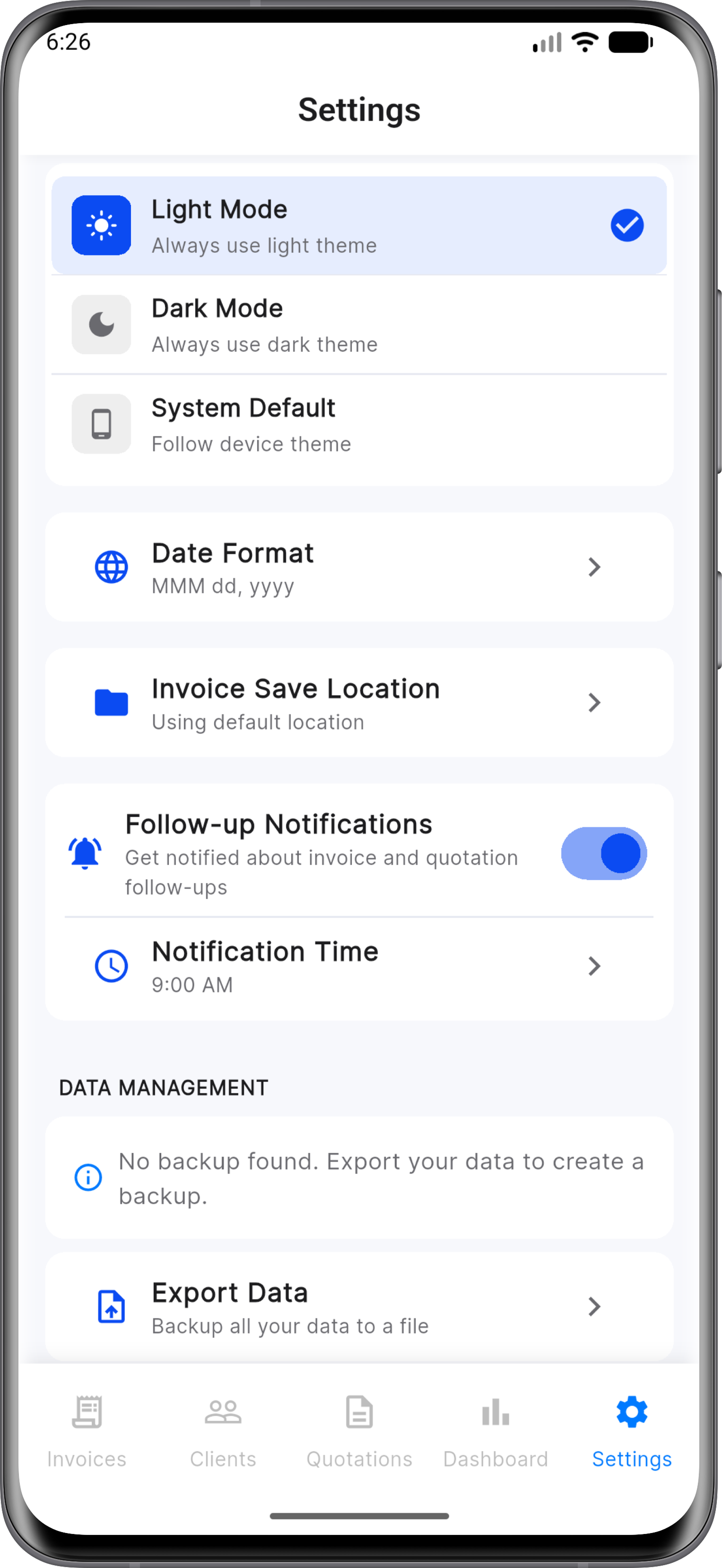 Screenshot of reminder notifications